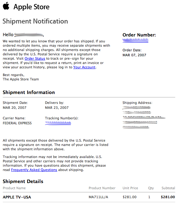 Apple Tv First Generation - Shipment Notification