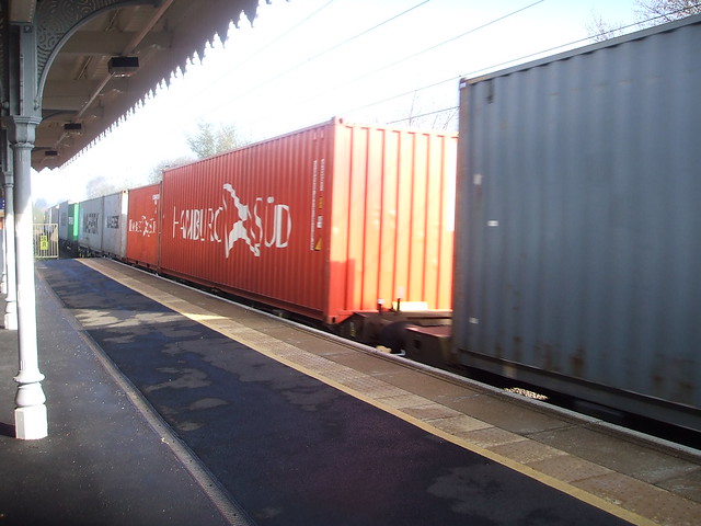 A section of the Container Train bound for Crewe Basford Hall passing through Needham Market Station.
