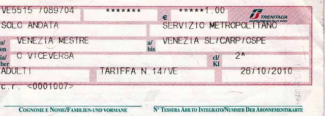 Italy Venezia Mestre Train Ticket 2010