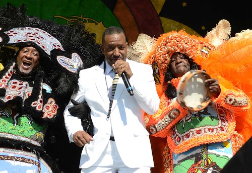 Mardi Gras Indians onstage with Donald Harrison, Jr. Day 1 of Jazz Fest 2016. Photo by Leon Morris.