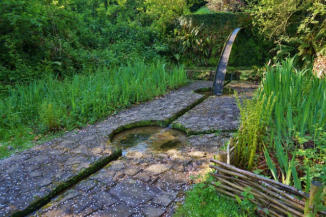 Circular pools, stone path, water feature