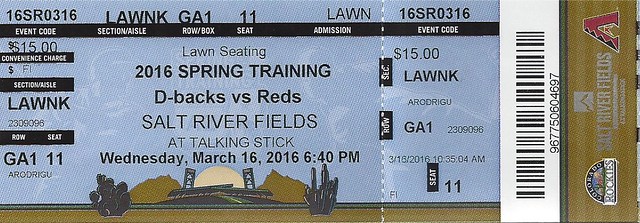 March 16, 2016, Arizona Diamondbacks vs Cincinnati Reds, MLB Spring Training, Cactus League, Salt River Fields at Talking Stick, Scottsdale, Arizona - Ticket Stub