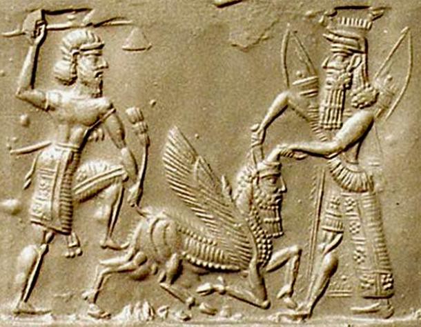 Engraving of Gilgamesh, Enkidu and the Bull of Heaven during a battle