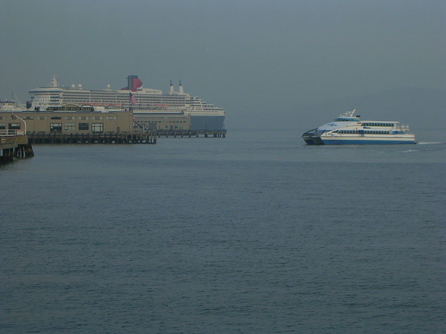 A ferry boat approaches the Ferry Building