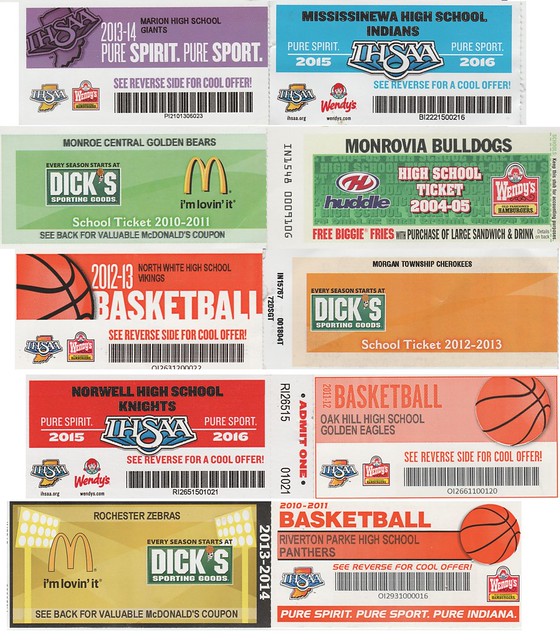 Ticket Stubs from Indiana High School Basketball games