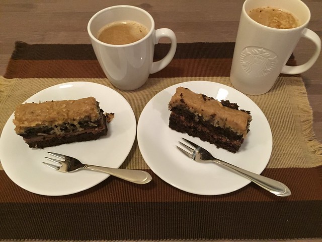 Today is #ChocolateCakeDay and hb coincidentally brought home these delish German chocolate cake slices! A plus that our kids are asleep early so we'll be able to enjoy some coffee time together!☕️ #marriagefirst #couple #qualitytime #tnxhb #jlshome