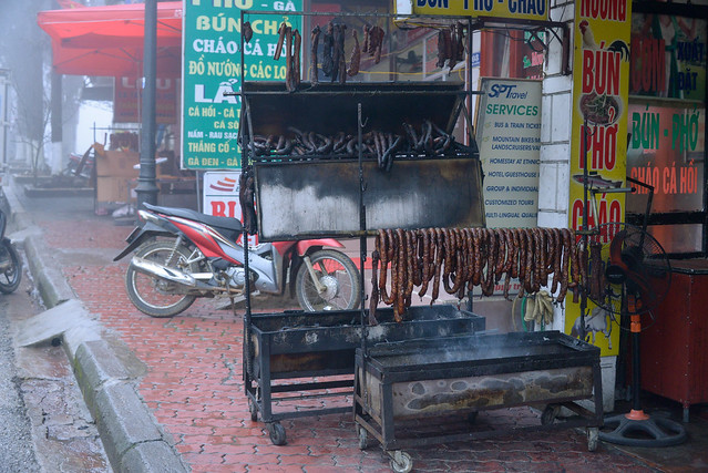 Sausages Being Made and Smoked on Street of Sapa, Thị xã Sa Pa in Fog, Sapa, Lào Cai, Vietnam