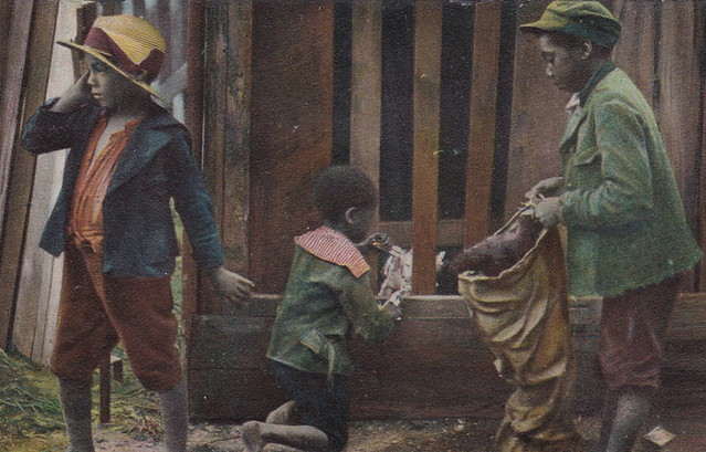 Black Americana Antique Postcard 1897 GOLLY SOMEBODYS COMIN Thieving Chicken Stealing Boys with stolen Chickens Artist Signed F.L. Howe Publisher Raphael Tuck & Sons Card1098-1