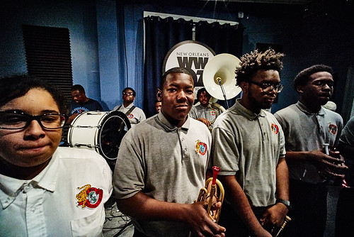 Martin Luther King Charter School brass band at WWOZ for Cuttin' Class. Photo by Eli Mergel