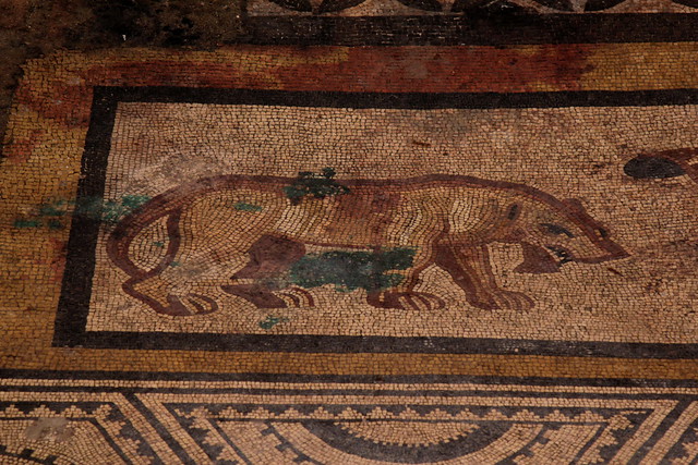Mosaik Bacchus und Ariana ( Kleines Mosaik - mosaïque - mosaico - mosaic - Entstanden um 160 - 170 n. Chr. ) in einer gallo - römischen Villa am Fundort ausgestellt im römischen Museum in Vallon im Kanton Freiburg der Schweiz