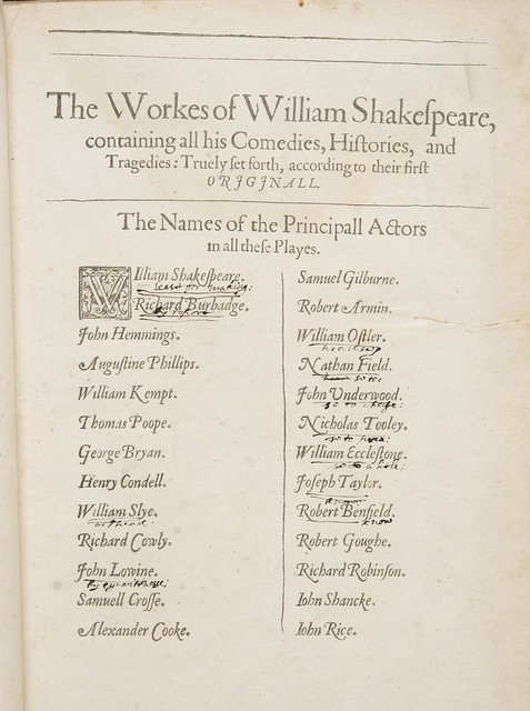 University of Glasgow Library, Special Collections, William Shakespeare, Shakespeare: First Folio, Names of the Principall Actors, London : Printed by Isaac Iaggard and E. Blount., 1623.. Sp Coll BD8-b.1