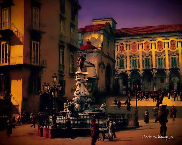 Digital Pastel Drawing of the Fountain of Monteoliveto in Naples by Charles W. Bailey, Jr.