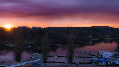 trees sunset sky sunlight color water boat europe purple sweden stockholm sony sthlm sunflare brunnsviken redfurwolf