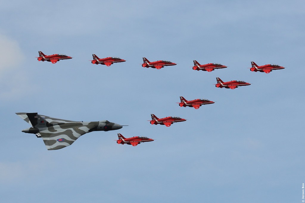 Avro Vulcan XH558 in formation with the Red Arrows during its final Royal International Air Tattoo participation, Fairford UK