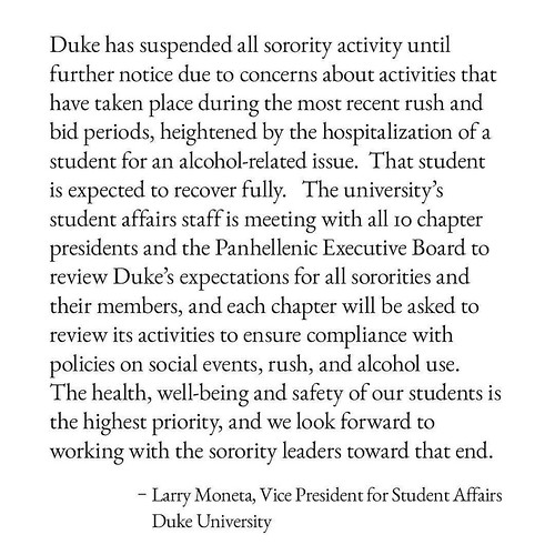 Duke has suspended all sorority activity until further notice.