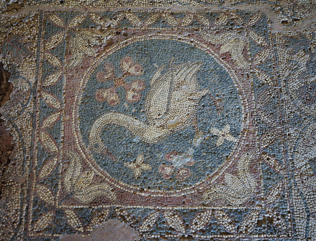Mosaic depicting a swan in a dark blue rounded with flowers on the floor of the St. Auxibius Basilica, 4th century AD, Soli, North Cyprus