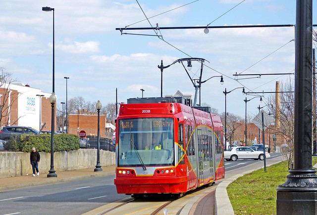 Washington DC Streetcar - Opening Day Feb 27, 2016: Car 203 westbound arriving at Benning Road & 15th St stop