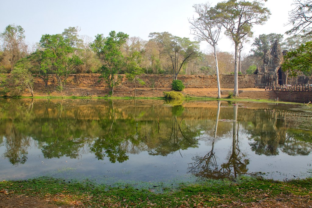 Moat next to the Southern Gate of the ancient city of Angkor Thom near Siem Reap, Cambodia