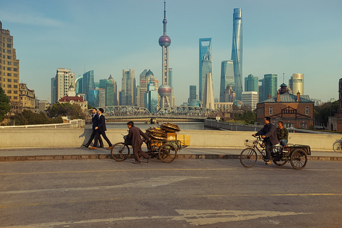 china bridge sunset people urban bike bicycle skyline shanghai tricycle streetphotography pudong bund