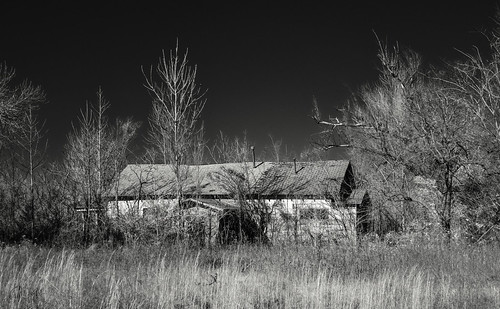 sky field grass monochrome neglect deterioration infrared winter weathered abandonedhouse baretrees blackandwhite