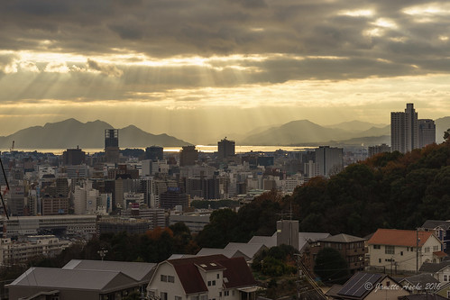 hiroshima clouds sky skyline sunset 2015 japan asia mountains city sunrays buildings crepuscularrays