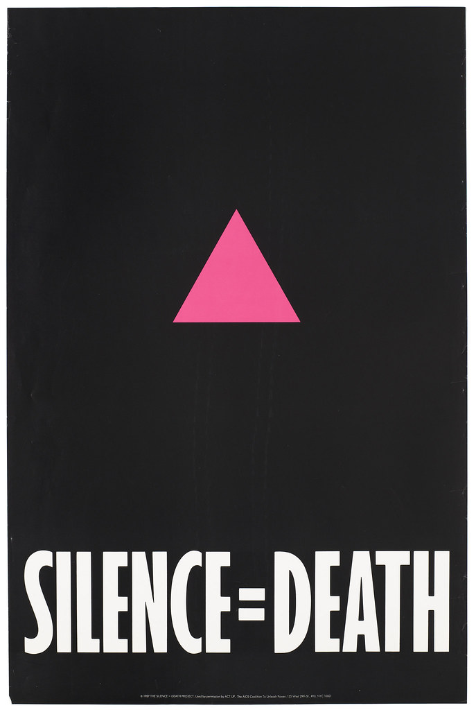 A pink triangle against a black backdrop with the words 'Silence=Death' representing an advertisement for The Silence = Death Project used by permission by ACT-UP, The AIDS Coalition To Unleash Power. Wellcome L0052822