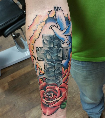 Finished this cover up today, thanks Devin! #cross #dove #rose #crosstattoo #coveruptattoo #tattoo #sunset #clouds #ink #upgrade #tattoos #saegertown #meadville #pennsylvania #Original #art #bodyart # by adamantic, square squareformat iphoneography instagramapp uploaded:by=instagram