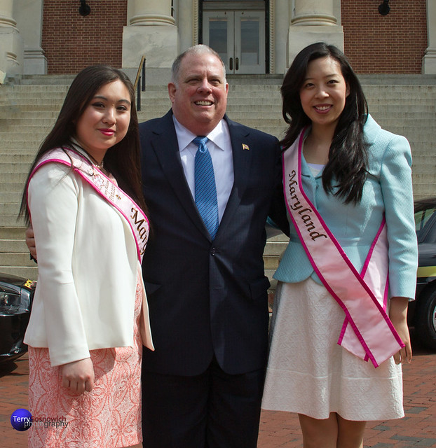2015 and 2016 Maryland Cherry Blossom Princesses with Gov. Larry Hogan at State Capitol.