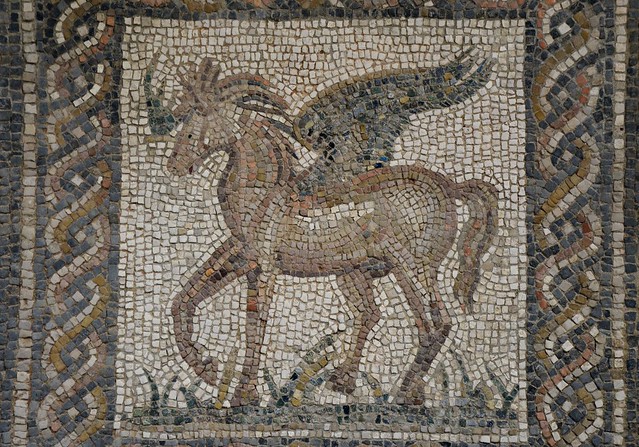 Mosaic emblema with Pegasus, the immortal winged horse which sprang forth from the neck of Medusa when she was beheaded by the hero Perseus, 2nd century AD, Archaeological Museum of Córdoba, Spain