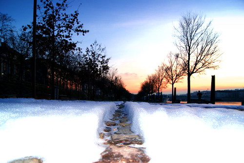 winter sunset white cold pavement