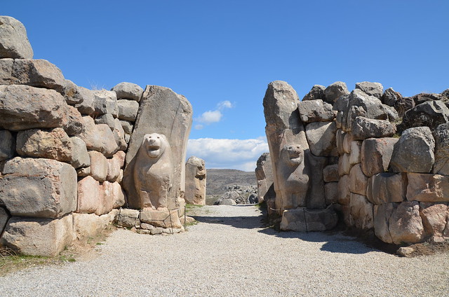 The Lion Gate flanked by two towers, located at the southwest of the city, the lions were put at the entrance of the city to ward off evil, Hattusa, capital of the Hittite Empire