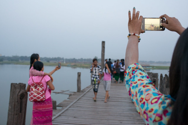 Photo time on U Bein Bridge, Myanmar.