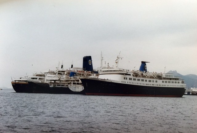 Royal Olympic cruise ships laid up in Eleusis Bay (near Piraeus) in October 2003: Apollo, Stella Oceania, Olympia I, Fortune and Stella Solaris