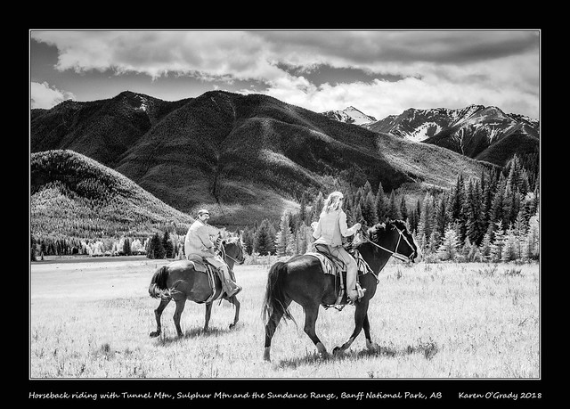 Horseback riding with Tunnel Mountain, Sulphur Mountain and the Sundance Range, Banff National Park, Alberta