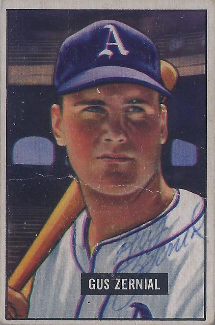 1951 Bowman - Gus Zernial #262 (high number) (Outfielder) (b. 27 Jun 1923 - d. 20 Jan 2011 at age 87) - Autographed Baseball Card (Philadelphia Athletics)
