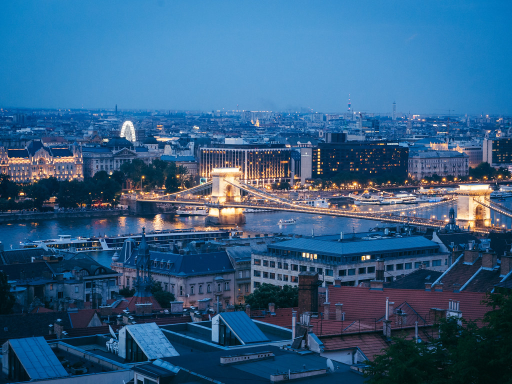 Budapest's Illuminated Széchenyi Chain Bridge Viewed from Fisherman's Bastion