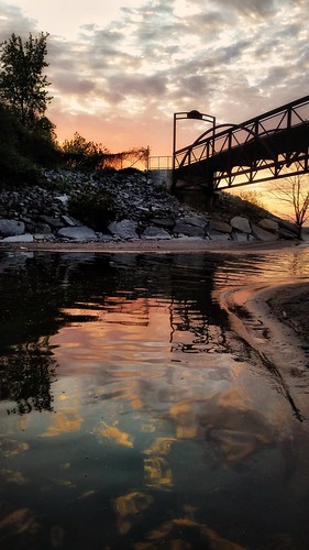 bridge river lake sunrise reflection