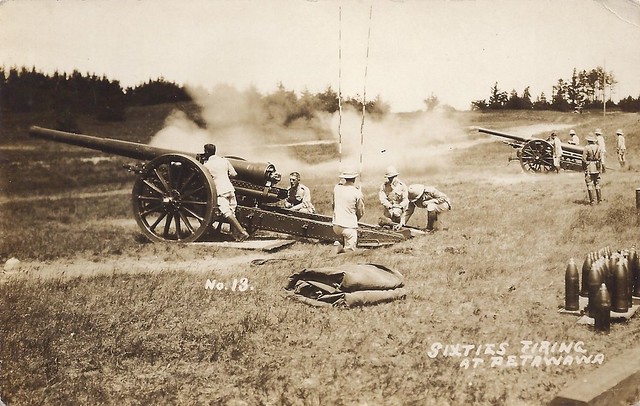 c. 1930 Real Photo Postcard No. 13 - Firing the Sixty Pounder's at Camp Petawawa, Ontario