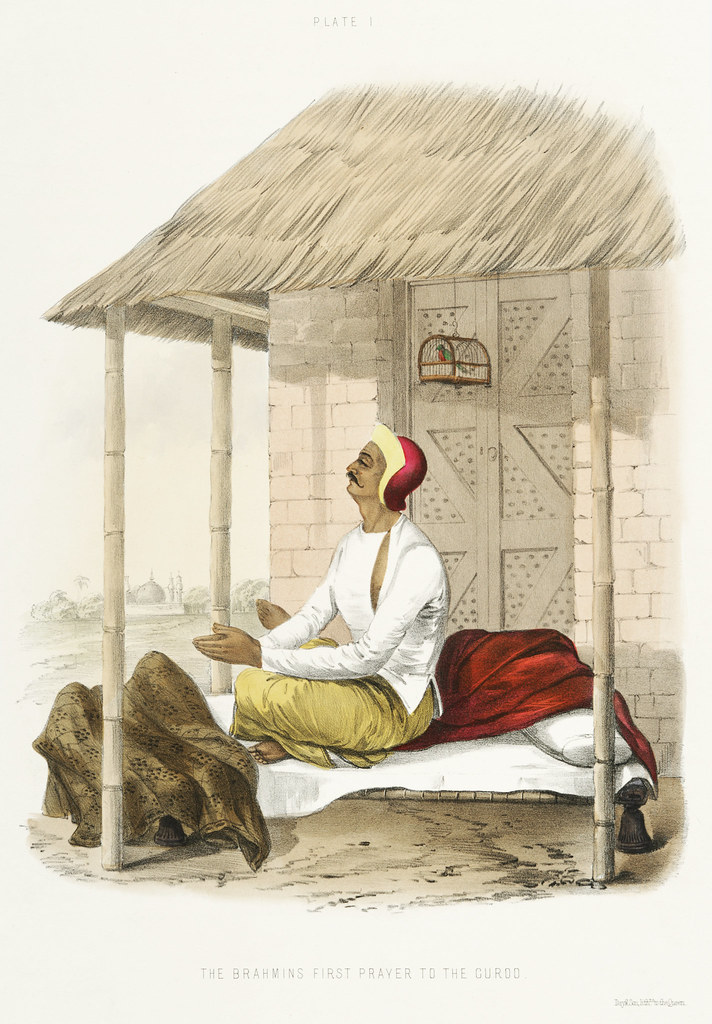 The Brahmin's first morning prayer to the Gooroo on rising from The Sundhya or the Daily Prayers of the Brahmins (1851) by Sophie Charlotte Belnos (1795–1865).