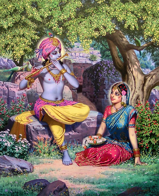 Krishna enchants Radha with his flute music