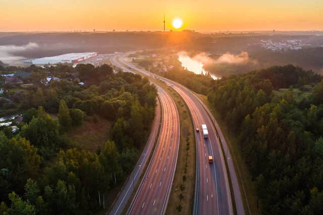 Road to Vilnius in early morning aerial view