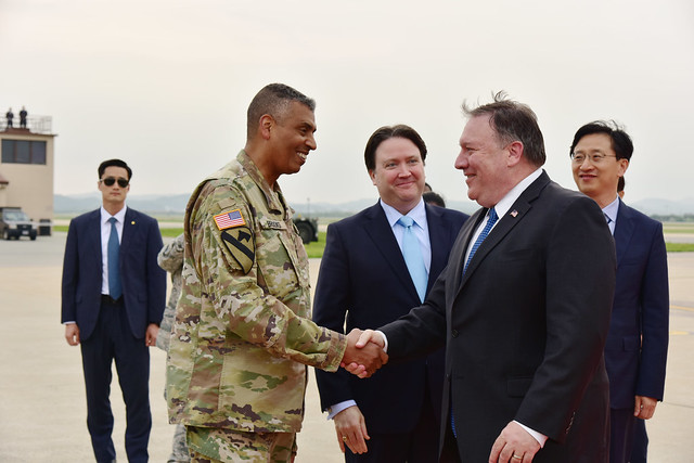 Secretary Pompeo is Greeted by Chargé d’Affaires Knapper and Commander General Brooks in Osan