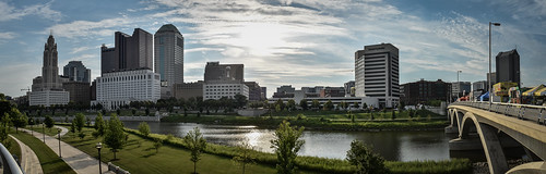 downtown panorama pano skyline columbus ohio scioto mile river rich street bridge morning sunlight reflection water urban city cityscape landscape building park tree grass sky clouds nikon d5500 nikkor 1855mm stitched