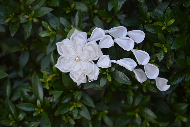 White Lotus Kanzashi: handmade silk hair flower.