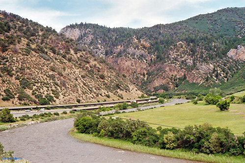 landscape scenery canyon river freeway interstatehighway mountains meadow glenwoodsprings colorado unitedstates