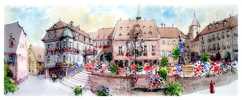 barr alsace france croquis sketch panoramique panoramic aquarelle watercolour watercolor aguarela ville city colombages église