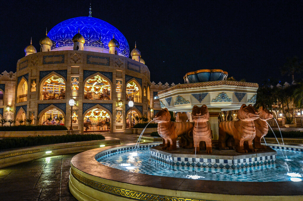 Arabian Coast fountain carousel night TDS
