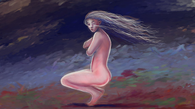 Sad Naked Girl in The Wind