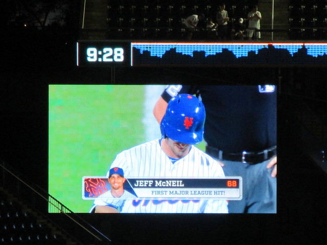 Citi Field, 07/24/18 (NYM v SD, Jeff McNeil Major League Debut): live shot of McNeil on the video board with graphics informing the fans that McNeil has just gotten his first Major League hit! (exclamation point included in the graphics) (IMG_1663a)