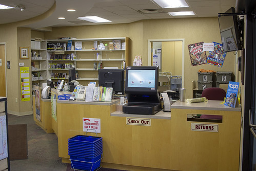 Circulation desk and self-checkout stations